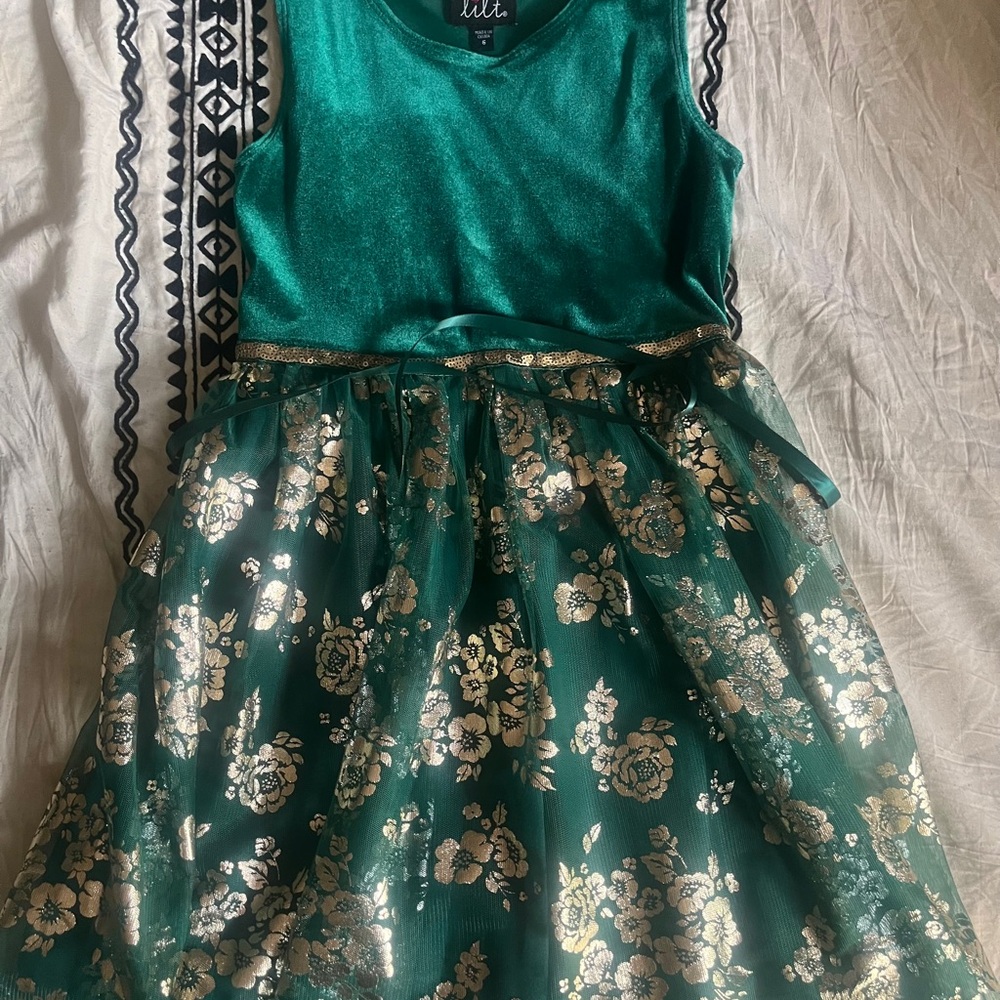 Lilt Green and Gold Christmas/Seasonal Dress Size 6 with Cardigan